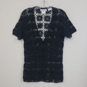 Karen Kane Black Crocheted Cotton Short Sleeve Cardigan M